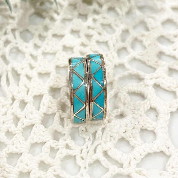Vintage CH Zuni Earrings Turquoise Sterling Silver Hoop Geometric New Mexico